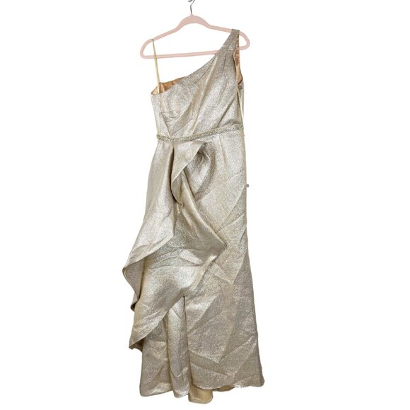 NWT Mac Duggal One Shoulder Metallic Ruffled Evening Gown 8 Oyster #8261 - Picture 3 of 9